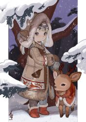 Rule 34 | 1other, ambiguous gender, animal, blonde hair, boots, coat, dated, final fantasy, final fantasy xiv, grey eyes, hood, looking at viewer, mittens, n122425, original, red footwear, reindeer, snow, snowing, standing, warrior of light (ff14), winter clothes, winter coat