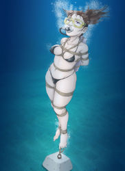 Rule 34 | 1girl, air bubble, air hose, air tank, amiba00, arms behind back, bdsm, bikini, black bikini, blue eyes, bondage, bound, bound ankles, bound legs, box tie, breast bondage, breasts, brown hair, bubble, diving mask, covered erect nipples, goggles, mask, ocean, ponytail, sand, scuba, scuba tank, shibari, sideboob, solo, source request, swimsuit, underwater, water, weights