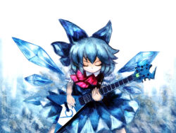 Rule 34 | 1girl, amii, bad id, bad pixiv id, blue hair, circled 9, cirno, dress, female focus, gradient background, guitar, instrument, ribbon, short hair, solo, touhou, white background, wings