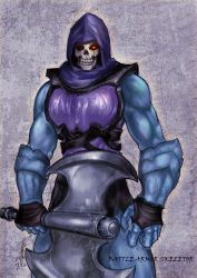 Rule 34 | 1boy, arm guards, armor, axe, bad id, bad pixiv id, character name, fantasy, glowing, glowing eye, hood, kusagami style, male focus, masters of the universe, muscular, realistic, signature, skeletor, skull, solo, weapon