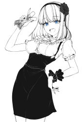 Rule 34 | 1girl, :d, black flower, black hairband, black pantyhose, black rose, black skirt, blue eyes, blush, bob cut, bow, bowtie, breasts, cowboy shot, dagashi kashi, flower, food, frilled shirt, frilled sleeves, frills, greyscale, hair between eyes, hair ornament, hairband, hancho, hand up, high-waist skirt, highres, holding, holding food, large breasts, lineart, looking at viewer, monochrome, open mouth, pantyhose, puffy short sleeves, puffy sleeves, ringed eyes, rose, round teeth, shidare hotaru, shirt, short hair, short sleeves, simple background, sketch, skirt, smile, snack, solo focus, teeth, umaibou, upper body, white background, white shirt, wrist cuffs, wristband