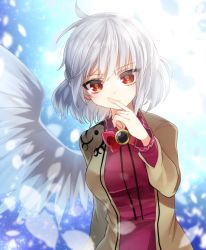 Rule 34 | 1girl, angel wings, backlighting, beige jacket, blurry, bow, bowtie, braid, breasts, bright pupils, brooch, closed mouth, commentary, depth of field, dress, expressionless, eyes visible through hair, finger to mouth, french braid, fukurahagi uomaru, index finger raised, jewelry, kishin sagume, large breasts, long sleeves, looking at viewer, petals, red bow, red dress, red eyes, short hair, silver hair, single wing, sky, solo, star (sky), starry sky, touhou, upper body, wings