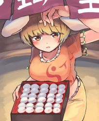Rule 34 | 1girl, animal ears, blonde hair, cowboy shot, dango, food, ginnkei, hat, highres, holding, holding tray, looking at viewer, midriff, outdoors, rabbit ears, red eyes, ringo (touhou), shirt, short hair, short sleeves, solo, touhou, tray, wagashi