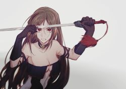 Rule 34 | 1girl, bare shoulders, breasts, brown hair, cleavage, clenched teeth, yu mei-ren (fate), crying, csyday, cutting hair, earrings, fate/grand order, fate (series), highres, holding, holding sword, holding weapon, jewelry, jian (weapon), long hair, looking at viewer, medium breasts, red eyes, solo, sword, tears, teeth, underboob, very long hair, weapon