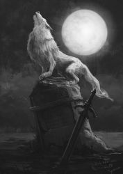 Rule 34 | animal, artist name, dark souls (series), dark souls i, from side, great grey wolf sif, greyscale, highres, howling, monochrome, moon, night, no humans, outdoors, planted, planted sword, planted weapon, solo, standing, sword, tombstone, tripdancer, watermark, weapon, wolf
