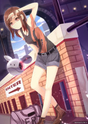 Rule 34 | 1girl, bag, belt, brown eyes, brown hair, gundam, haro, jewelry, necklace, original, rizky (strated), shorts, solo