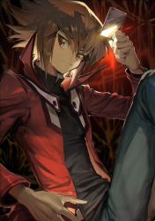 Rule 34 | 1boy, aoki (fumomo), backlighting, black shirt, brown eyes, card, duel academy uniform (yu-gi-oh! gx), feet out of frame, hair between eyes, highres, holding, holding card, jacket, knee up, long sleeves, looking at viewer, male focus, multicolored hair, red jacket, reflection, shirt, short hair, smile, solo, two-tone hair, yu-gi-oh!, yu-gi-oh! gx, yuki judai