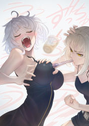 Rule 34 | 2girls, anger vein, angry, artoria pendragon (all), artoria pendragon (fate), bare shoulders, belt, black dress, blonde hair, blue background, blush, braid, breast envy, breast sucking, breasts, bubble tea, bubble tea challenge, dark persona, dress, excalibur (fate/stay night), fangs, fate/grand order, fate (series), female focus, french braid, gothic lolita, grabbing, grabbing another&#039;s breast, highres, imizu (nitro unknown), jeanne d&#039;arc (fate), jeanne d&#039;arc alter (fate), jeanne d&#039;arc alter (ver. shinjuku 1999) (fate), large breasts, lolita fashion, looking at another, medium breasts, multiple girls, official alternate costume, open mouth, saber alter, saber alter (ver. shinjuku 1999) (fate), short hair, silver hair, sleeveless, straw, tsurime, veins, wicked dragon witch ver. shinjuku 1999, yellow eyes, yuri