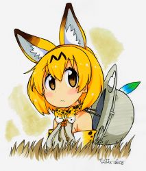 Rule 34 | 10s, 1girl, absurdres, animal ears, artist name, bow, bowtie, closed mouth, commentary, elbow gloves, fanta (the banana pistols), gloves, grass, hat feather, helmet, highres, japari symbol, kemono friends, light frown, looking at viewer, pith helmet, print bow, print bowtie, print gloves, print neckwear, serval (kemono friends), serval print, shirt, short hair, signature, sleeveless, sleeveless shirt, solo, standing, traditional media, upper body, white gloves, white shirt, yellow bow, yellow bowtie