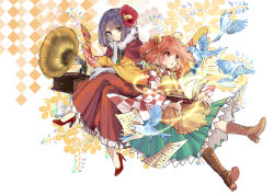 Rule 34 | 2girls, apron, arm rest, bell, bird, book, boots, capelet, checkered background, cross-laced footwear, elbow gloves, floral background, flower, fur collar, gloves, hair bell, hair flower, hair ornament, head in hand, head rest, hibiscus, hieda no akyuu, high heels, hysteria, japanese clothes, kimono, knee boots, crossed legs, light trail, looking at viewer, looking to the side, meiji schoolgirl uniform, motoori kosuzu, multiple girls, open book, open hands, open mouth, outstretched leg, pantyhose, paper, phonograph, purple eyes, purple hair, red eyes, red footwear, red hair, shawl, short hair, smile, touhou, two side up, underskirt, white legwear