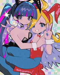 Rule 34 | absurdres, ahoge, animal ears, arm around shoulder, armpit crease, black bow, black bowtie, black leotard, blonde hair, blue eyes, blue hair, blue nails, blush stickers, boots, bow, bowtie, breasts, checkered background, cleavage, colored inner hair, commentary, dot nose, double v, english commentary, eyeshadow, fishnet pantyhose, fishnets, grizzace, hand on another&#039;s shoulder, highres, knee boots, leotard, long hair, looking at viewer, makeup, medium breasts, multicolored hair, panty &amp; stocking with garterbelt, panty (psg), pantyhose, pink eyeshadow, playboy bunny, rabbit ears, red bow, red bowtie, red footwear, red leotard, siblings, single blush sticker, sisters, small breasts, smile, star (symbol), stocking (psg), sweatdrop, swept bangs, twintails, two-tone hair, v, very long hair, wrist cuffs