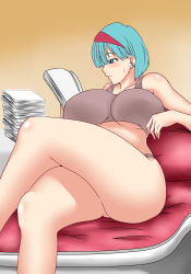 Rule 34 | 1girl, arm rest, bare arms, bare legs, blue eyes, blush, book, bored, breasts, bulma, closed mouth, crossed legs, dragon ball, dragonball z, earrings, female focus, from below, gradient background, green hair, grey panties, grey tank top, groin, hairband, hands up, highres, holding, holding book, huge breasts, jewelry, legs, light blush, lying, nose blush, orange background, panties, reading, red hairband, short hair, simple background, sleeveless, solo, spaceship, stud earrings, tank top, thick thighs, thighs, underboob, underwear, underwear only, ura no kami