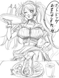 Rule 34 | 1futa, breasts, cleavage, clothes lift, futanari, highres, hot dog, hot dog bun, hotdog bun, long hair, looking at viewer, monochrome, one eye closed, penis hot dog, pov, sketch, skirt, skirt lift, solo, table, translated, twintails, waitress, wink