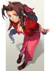 Rule 34 | 1girl, aerith gainsborough, bracelet, braid, braided ponytail, breasts, brown footwear, brown hair, buttons, cleavage, closed mouth, cropped jacket, dress, final fantasy, final fantasy vii, forehead, green eyes, hair ribbon, hungry clicker, jacket, jewelry, lips, long hair, looking at viewer, medium breasts, open clothes, open jacket, parted bangs, pink dress, pink lips, pink ribbon, pocket, red jacket, ribbon, shadow, shoes, short sleeves, sidelocks, smile, solo, square enix, very long hair