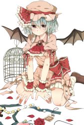 Rule 34 | 1girl, arm ribbon, ascot, bad id, bad pixiv id, bat wings, birdcage, blue hair, brooch, cage, dress, flower, hat, hat ribbon, henki (orange), jewelry, looking at viewer, mob cap, necklace, petals, pink dress, puffy sleeves, red eyes, red flower, red rose, remilia scarlet, ribbon, rose, sash, short sleeves, simple background, sitting, smile, solo, touhou, wariza, white background, wings, wrist cuffs
