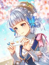 Rule 34 | 1girl, ayaka (genshin impact), blue eyes, blue hair, blunt bangs, blush, braid, cariyacalco, cherry blossoms, closed mouth, collar, commentary request, flower, genshin impact, hair flower, hair ornament, hair up, hands up, hat, hat ribbon, highres, holding, holding letter, kamisato ayaka, kamisato ayaka (springbloom missive), letter, light blue hair, long sleeves, mole, mole under eye, official alternate costume, official alternate hairstyle, pink ribbon, ribbon, smile, solo, upper body, white collar, white flower, white ribbon