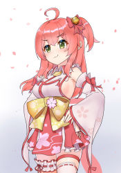 Rule 34 | 1girl, :3, ahoge, bell, breasts, bridal garter, cherry blossom print, detached sleeves, floral print, frills, green eyes, hair bell, hair ornament, hair over shoulder, hairclip, hand on own hip, highres, hololive, long hair, lulumiya (abbb1233), medium breasts, nontraditional miko, one side up, paw print, paw print pattern, petals, pink hair, sakura miko, sakura miko (1st costume), sideboob, smile, solo, standing, virtual youtuber, wide sleeves, x hair ornament
