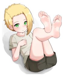 Rule 34 | 1girl, absurdres, barefoot, black shorts, blonde hair, boppin, child, closed mouth, commission, crossed legs, dot nose, elizabeth (the candy universe), embarrassed, expressionless, eyebrows, eyelashes, female focus, foot focus, from above, full body, green eyes, hand on own chest, highres, legs up, original, second-party source, shirt, short hair, short sleeves, shorts, simple background, solo, t-shirt, the candy universe, white background, white shirt