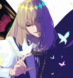 Rule 34 | 1boy, blonde hair, blue eyes, bob cut, butterfly wings, cape, crown, diamond hairband, fate/grand order, fate (series), fur-trimmed cape, fur trim, highres, hro0 0, insect wings, long hair, long sleeves, male focus, oberon (fate), solo, wings