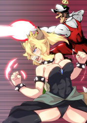 Rule 34 | 1boy, 1girl, abs, action, bare shoulders, black legwear, black leotard, black nails, black skirt, blonde hair, blue eyes, blush, borrowed character, bowsette, bracelet, breasts, brooch, brown hair, cabbie hat, cleavage, clenched hands, clenched teeth, collar, commentary request, cowboy shot, earrings, energy, energy beam, eyebrows, eyelashes, fangs, fighting stance, fingernails, fire flower, fire mario, firing, from side, gloves, glowing, gradient background, hair between eyes, hand on own hip, hand up, hat, highres, horns, jewelry, layered clothes, leotard, light trail, long sleeves, looking afar, mario, mario (series), medium breasts, muscular, nail polish, new super mario bros. u deluxe, nintendo, no pupils, outline, overalls, ponytail, profile, red background, red overalls, roaring, sangue llia, sharp fingernails, sharp teeth, shiny clothes, shiny skin, shirt, short hair, sidelocks, skindentation, skirt, spiked bracelet, spiked collar, spiked shell, spikes, strapless, strapless leotard, super crown, teeth, thighs, toned, tsurime, white gloves, white hat, white shirt