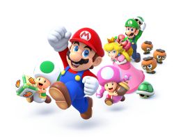 Rule 34 | 2girls, 3boys, 3d, acorn, blonde hair, blouse, blue eyes, blue overalls, brown hair, crown, dice, dress, gloves, goomba, goombrat, green hat, green shell (mario), green shirt, green toad (mario), happy, hat, long hair, looking at viewer, luigi, mario, mario (series), mario party, mario party: star rush, mini crown, multiple boys, multiple girls, nintendo, official art, overalls, pink dress, plant, princess, princess peach, puffy short sleeves, puffy sleeves, shirt, short sleeves, smile, toad (mario), toadette, transparent background, turtle shell, white gloves