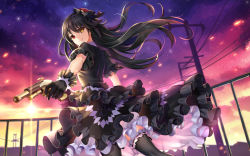 Rule 34 | 1girl, black dress, black gloves, black hair, black thighhighs, clock eyes, closed mouth, cropped, date a live, dress, gloves, gothic lolita, gun, hair ornament, heterochromia, holding, holding gun, holding weapon, lolita fashion, long hair, looking at viewer, red eyes, smile, solo, symbol-shaped pupils, thighhighs, tokisaki kurumi, weapon, yellow eyes, yue xiao e