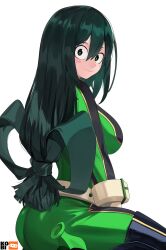 Rule 34 | 1girl, :&gt;, artist logo, artist name, ass, asui tsuyu, black footwear, blush stickers, bodysuit, boku no hero academia, boots, breasts, bright pupils, closed mouth, commentary, double-parted bangs, expressionless, from side, green bodysuit, green eyes, green hair, hair between eyes, hair rings, highres, kobi420, large breasts, long hair, looking at viewer, low-tied long hair, seiza, simple background, sitting, skin tight, solo, superhero costume, symbol-only commentary, thigh boots, turning head, very long hair, white background, white pupils
