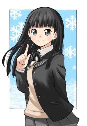 Rule 34 | 1girl, amagami, arm behind back, ayatsuji tsukasa, black bow, black bowtie, black eyes, black hair, black jacket, black sailor collar, blazer, border, bow, bowtie, closed mouth, collared shirt, corrupted twitter file, emapippi, grey skirt, highres, index finger raised, jacket, kibito high school uniform, long hair, long sleeves, looking at viewer, open clothes, open jacket, outside border, pleated skirt, sailor collar, school uniform, shirt, skirt, smile, snowflakes, solo, straight hair, sweater vest, white border, yellow sweater vest