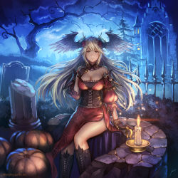 Rule 34 | 1girl, anbe yoshirou, backlighting, bare shoulders, black footwear, black gloves, breasts, candle, candlelight, castle, cleavage, closed mouth, detached sleeves, dress, flower, gloves, gold trim, grey eyes, hair flower, hair ornament, halloween, head wings, highres, large breasts, long hair, looking at viewer, night, original, outdoors, pumpkin, red dress, silver hair, sitting, smile, solo, wings