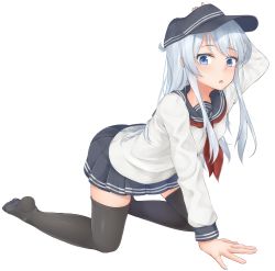 Rule 34 | 10s, 1girl, :o, all fours, anchor symbol, arched back, arm up, black thighhighs, blue eyes, flat cap, hand on headwear, hat, hibiki (kancolle), highres, kantai collection, long hair, looking at viewer, neckerchief, pleated skirt, school uniform, serafuku, shokora momiji, silver hair, simple background, skirt, solo, thighhighs, transparent background, uniform, white background