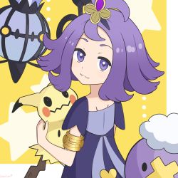 Rule 34 | 1girl, :3, absurdres, acerola (pokemon), armlet, chandelure, closed mouth, commentary request, creatures (company), dress, drifloon, flipped hair, game freak, gen 4 pokemon, gen 5 pokemon, gen 7 pokemon, grey dress, hair ornament, hairclip, highres, holding, holding pokemon, looking at viewer, medium hair, mimikyu, multicolored clothes, multicolored dress, nintendo, paralier, pokemon, pokemon (creature), pokemon sm, purple hair, short sleeves, smile, star (symbol), topknot, torn clothes, torn dress, yellow background