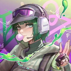 Rule 34 | 1girl, ash (rainbow six siege), baseball cap, black hat, blowing bubbles, charm (object), chewing gum, ela (rainbow six siege), fingerless gloves, gloves, goggles, goggles on headwear, green eyes, green hair, hairtail, hat, headphones, highres, long sleeves, looking at viewer, mole, mole under eye, rainbow six siege, smile, solo, upper body