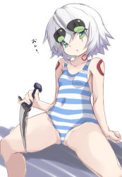 Rule 34 | 1girl, bare shoulders, blue eyes, blue one-piece swimsuit, breasts, collarbone, covered navel, dagger, facial scar, fate/apocrypha, fate/grand order, fate (series), female focus, green eyes, hand up, holding, holding dagger, holding knife, holding weapon, jack the ripper (fate/apocrypha), japanese text, karukan (monjya), knife, looking at viewer, one-piece swimsuit, open mouth, scar, scar across eye, scar on cheek, scar on face, short hair, shoulder tattoo, simple background, sitting, small breasts, solo, spread legs, striped clothes, striped one-piece swimsuit, swimsuit, tattoo, translated, weapon, white background, white hair