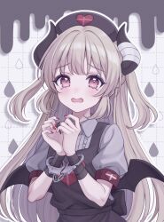 Rule 34 | 1girl, apron, bandaged horn, bandaged wrist, bandages, black apron, blush, bound, bound wrists, brown hair, center frills, cuffs, demon horns, demon wings, frills, grey shirt, grid background, handcuffs, hands up, hat, heart, highres, horns, long hair, looking at viewer, low wings, natori sana, nurse cap, open mouth, outline, paperclip, red eyes, sana channel, shirt, short sleeves, solo, tearing up, two side up, upper body, uxx2ixu, virtual youtuber, wavy mouth, white outline, wings