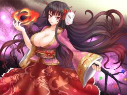 Rule 34 | 1girl, alternate costume, black hair, breasts, cleavage, dress, female focus, fire, flower, fox mask, hair flower, hair ornament, houraisan kaguya, japanese clothes, large breasts, long hair, mask, red eyes, slit pupils, solo, sumapan, touhou