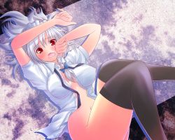 Rule 34 | 1girl, bad id, bad pixiv id, bottomless, breasts, dress shirt, female focus, izayoi sakuya, large breasts, maryquant, no bra, no panties, open clothes, open shirt, shirt, short hair, silver hair, solo, thighhighs, touhou