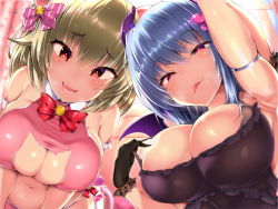 Rule 34 | 2girls, animal ears, arm up, armlet, armpits, bare shoulders, bell, blue hair, blush, bow, breasts, cat cutout, cat ears, cat tail, cleavage, cleavage cutout, clothing cutout, demon horns, demon wings, doskoinpo, dress, fake animal ears, fang, green hair, hair bow, heart, heart-shaped pupils, highres, horns, jingle bell, large breasts, looking at viewer, multiple girls, naughty face, navel, original, red eyes, red neckwear, skindentation, smile, symbol-shaped pupils, tail, tongue, tongue out, upper body, wings