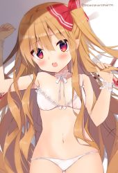 Rule 34 | 1girl, alternate hair length, alternate hairstyle, artist name, bare arms, bare shoulders, blonde hair, bow, bra, bra strap, breasts, choker, commentary request, cowboy shot, fang, flandre scarlet, hair between eyes, hair bow, hands up, head tilt, highres, long hair, looking at viewer, momomaron, navel, no headwear, one side up, open mouth, panties, pointy ears, red bow, red eyes, sidelocks, skin fang, small breasts, solo, stomach, touhou, twitter username, underwear, underwear only, very long hair, white background, white bra, white choker, white panties, wrist cuffs