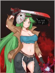 Rule 34 | 1girl, blood, breasts, cleavage, cosplay, english text, friday the 13th, gloves, green eyes, green hair, highres, hockey mask, kid icarus, large breasts, long hair, looking at viewer, mask, midriff, navel, nintendo, open clothes, palutena, pants, smile, solo, strapless, torn clothes, torn pants, tube top, very long hair, weapon