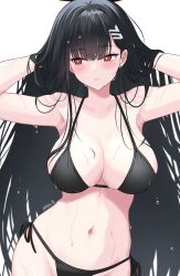 Rule 34 | 1girl, armpits, bare shoulders, bikini, black bikini, black hair, blue archive, blush, breasts, bright pupils, cleavage, closed mouth, collarbone, earrings, groin, hair ornament, hairclip, hands in hair, highres, jewelry, large breasts, long hair, looking to the side, navel, red eyes, reia 76, rio (blue archive), side-tie bikini bottom, simple background, skindentation, solo, string bikini, stud earrings, swimsuit, twitter username, very long hair, wet, wet hair, white background, white pupils