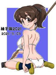 Rule 34 | 1girl, ass, back, bikini, birthday, black footwear, black ribbon, blue background, boots, border, breasts, broom, brown eyes, brown hair, butt crack, character name, closed mouth, commentary, dated, from behind, full body, girls und panzer, hair ribbon, halterneck, holding, holding broom, koyama yuzu, looking at viewer, looking back, medium breasts, medium hair, outline, outside border, ribbon, rubber boots, short ponytail, side-tie bikini bottom, sitting, smile, solo, swimsuit, takahashi kurage, wariza, white bikini, white border, white outline