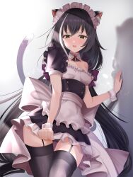 Rule 34 | 1girl, alternate costume, animal ears, apron, back bow, black dress, black hair, black panties, black ribbon, black thighhighs, blush, bow, breasts, brooch, cat ears, cat girl, cat tail, collar, commentary, conconcon1031, cowboy shot, detached collar, dress, dress tug, enmaided, frilled dress, frills, garter straps, green eyes, half-closed eyes, highres, jewelry, karyl (princess connect!), large bow, long hair, looking at viewer, maid, maid headdress, medium hair, multicolored hair, neck ribbon, panties, pantyshot, princess connect!, puffy short sleeves, puffy sleeves, ribbon, short sleeves, small breasts, solo, standing, streaked hair, tail, thighhighs, underwear, very long hair, waist apron, white apron, white bow, white collar, white hair, wrist cuffs