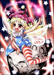 Rule 34 | 1girl, alternate legwear, american flag, american flag dress, american flag legwear, armpits, artist name, beam, blonde hair, breasts, clownpiece, commentary request, danmaku, english text, engrish text, fairy wings, fifiruu, framed, gradient background, hat, jester cap, legs, long hair, moon, open mouth, outstretched arm, purple eyes, ranguage, riding, romaji text, short sleeves, small breasts, solo, space, star (symbol), striped, striped background, thighhighs, thighs, torch, touhou, very long hair, wings