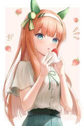 Rule 34 | 1girl, animal ears, blush, bow, buttons, ear bow, ear covers, food, fruit, green eyes, green skirt, hairband, highres, hime cut, holding, holding food, horse ears, horse girl, long hair, looking at viewer, open mouth, orange hair, pink nails, pleated skirt, shirt, silence suzuka (umamusume), skirt, sola num 5130, solo, strawberry, umamusume, white hairband, white shirt