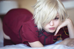 Rule 34 | 1girl, alternate costume, bed, blonde hair, blurry, blurry background, breasts, closed mouth, cosplay, female focus, hellsing, large breasts, looking at viewer, photo (medium), police, police uniform, red eyes, red legwear, seras victoria, short hair, solo, stephanie fischer, tagme, uniform, vampire
