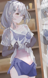 Rule 34 | 1girl, absurdres, black gloves, blue skirt, calin, cowboy shot, crop top, elbow gloves, gloves, grey eyes, grey hair, highres, i-201 (kancolle), kantai collection, long hair, looking at mirror, midriff, mirror, pencil skirt, reflection, see-through, shirt, skirt, solo, wet, wet clothes, wet shirt