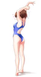 Rule 34 | 1girl, absurdres, arms behind head, bare legs, barefoot, blue one-piece swimsuit, brown eyes, commentary request, competition swimsuit, closed eyes, from behind, full body, highres, macosee, one-piece swimsuit, original, ponytail, short hair, simple background, solo, standing, stretching, swimsuit, white background