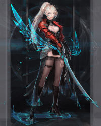 Rule 34 | 1girl, black footwear, blonde hair, blue eyes, breasts, chocofing r, cleavage, high heels, holding, holding sword, holding weapon, long hair, original, pantyhose, ponytail, solo, standing, sword, torn clothes, torn pantyhose, transparent, weapon