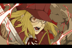 Rule 34 | 1girl, bad id, bad pixiv id, blonde hair, coat, dust, electricity, glasses, gloves, guilty, gun, letterboxed, pixiv fantasia, pixiv fantasia 4, ribbon, solo, trench coat, tsumi guilty, watanabe (pixiv fantasia), weapon, yellow eyes
