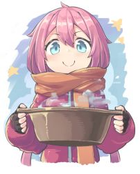 Rule 34 | 1girl, black gloves, blue eyes, blush, brown scarf, closed mouth, cropped torso, fingerless gloves, gloves, hair between eyes, holding, hotpot, jacket, kagamihara nadeshiko, long hair, long sleeves, low twintails, nano (mianhua maoqiu), pink hair, puffy long sleeves, puffy sleeves, red jacket, scarf, sleeves past wrists, smile, solo, steam, twintails, upper body, very long hair, yurucamp